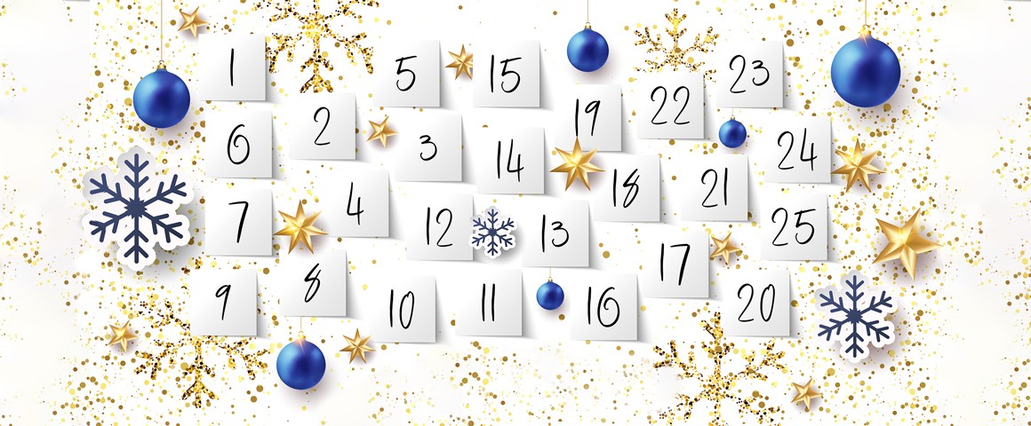 Grafik eines Adventkalenders mit Türchen. Im Hintergrund blauenChristbaumkugeln