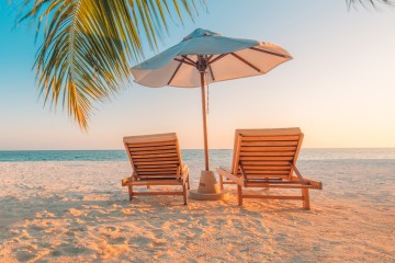 Abbildung von zwei Liegen und einem Sonnenschirm auf einem Strand, mit Palmenblättern im Vordergrund.