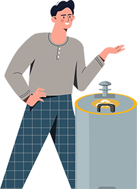 Illustration eines Mannes, der neben einem Unterflurbehälter steht