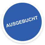 Blauer Kreis mit weißer Kontur und Aufschrift "Ausgebucht".