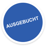 Blauer Kreis mit weißer Kontur und Aufschrift "Ausgebucht". Blauer Kreis mit weißer Kontur und Aufschrift "Ausgebucht".