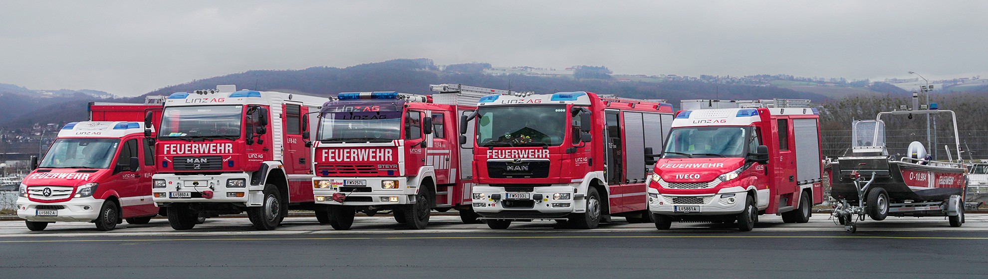 alle Einsatzfahrzeuge der Feuerwehr der LINZ AG