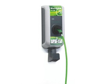 Foto der Ladelösung "Wallbox" mit grünem Ladekabel