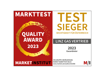 Gütesiegel vom market Instut für LINZ GAS Vertrieb als Testsieger in der Kategorie Wichtigkeit für Österreich