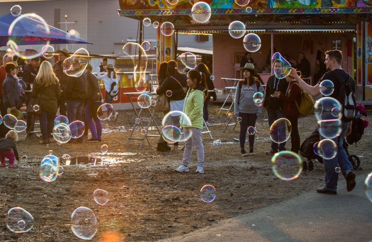 Impressionen von den Ständen am Hafenfest: Plaudernde Menschen, spielende Kinder und Seifenblasen