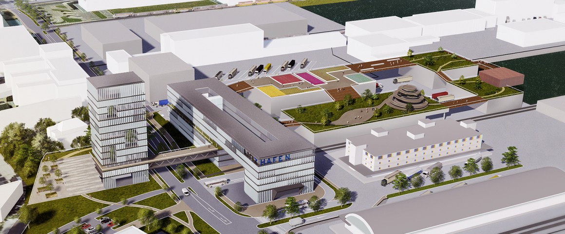 Architektenmodell zur Luftansicht des neuen Hafengeländes entsprechen des Projekts Neuland: Moderne Gebäude mit Grünanlagen