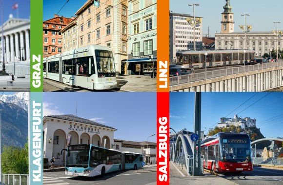 Collage von Öffentlichen Verkehrsmitteln in den Hauptstätten Österreichs.