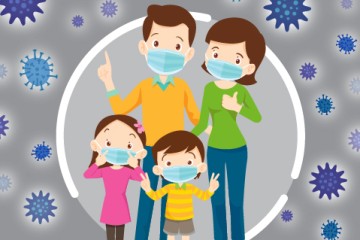Webgrafik einer Mundschutz tragenden Familie.