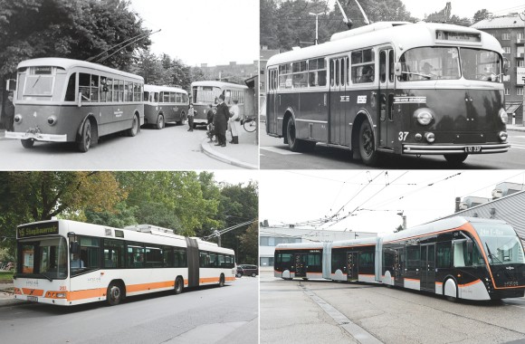 Eine Collage von der Entwicklung der Obusse in Linz.