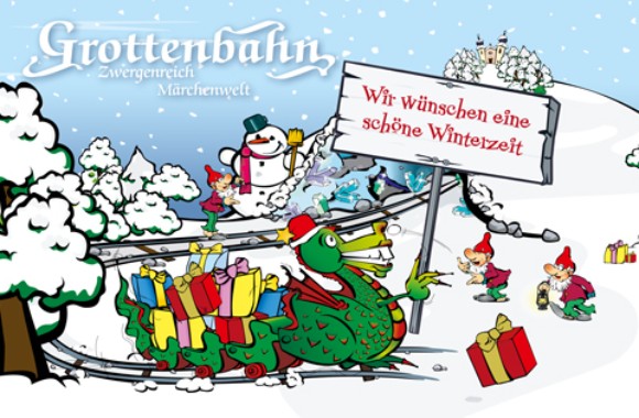 Abbildung von einem Advent-Plakat. Es ist die Grottenbahn zu sehen.