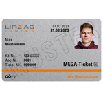 Abbildung von einem LINZ AG Linien Mega ticket für Studenten.