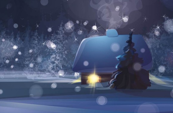 Illustration für Advent mit Schneeflocken und Tanne vor Haus