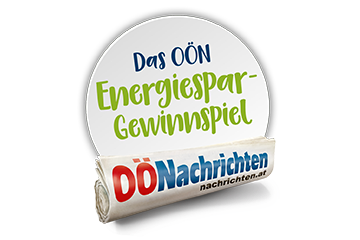 Schriftzug Das OÖN Energiespar-Gewinnspiel mit abgebildeter Zeitung der Oberösterreichischen Nachrichten