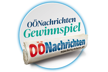 Schriftzug OÖN Gewinnspiel mit abgebildeter Zeitung der Oberösterreichischen Nachrichten