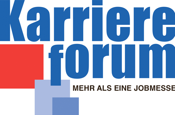 Text "Karriere forum mehr al eine Jobmesse" mit rotem, hellblauen, mittelblauen und dunkelblauen Quadraten.