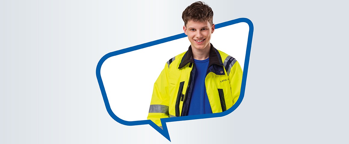 Aufnahme eines Elektrotechnik-Lehrlings der Linz AG, rund um den Burschen ist eine Sprechblase zu sehen.