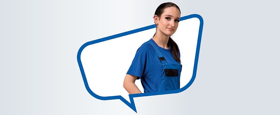 Aufnahme eines Lehrlings zur Karosseriebautechnikerin der Linz AG, rund um das Mädchen ist eine Sprechblase zu sehen.