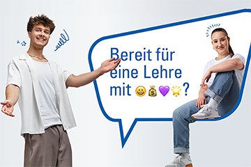 Ein Mädchen und ein Bursche, beide Lehrlinge in der Linz AG, lächeln in die Kamera. Rund um das Mädchen ist eine Sprechblase zu sehen mit der Aufschrift "Bereit für eine Lehre?" mit Emojis.
