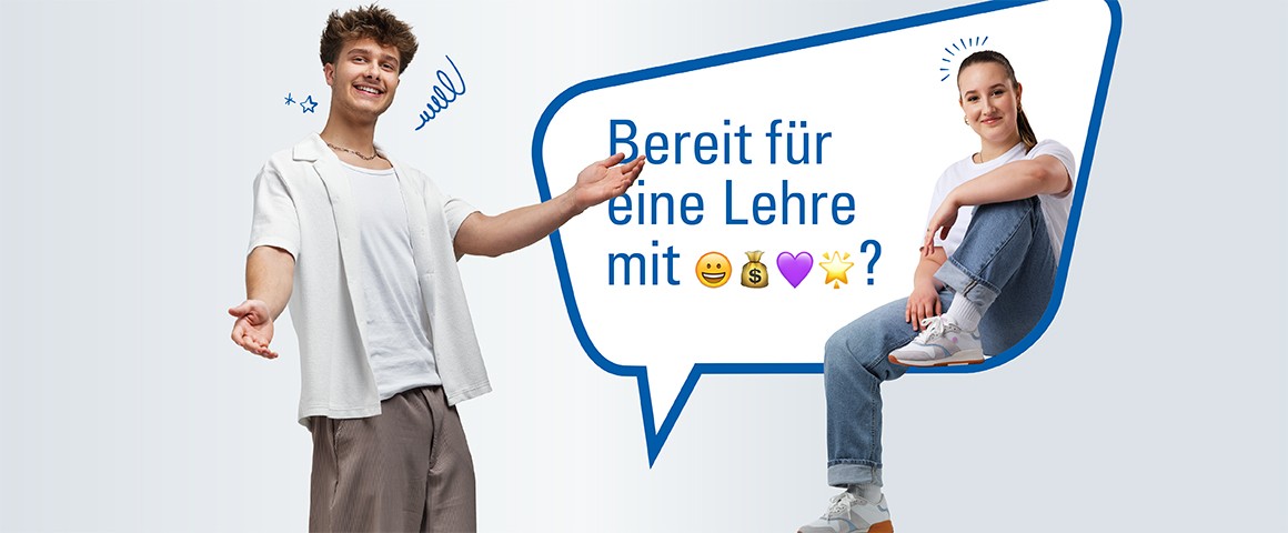 Ein Mädchen und ein Bursche, beide Lehrlinge in der Linz AG, lächeln in die Kamera. Rund um das Mädchen ist eine Sprechblase zu sehen mit der Aufschrift "Bereit für eine Lehre?" mit Emojis.