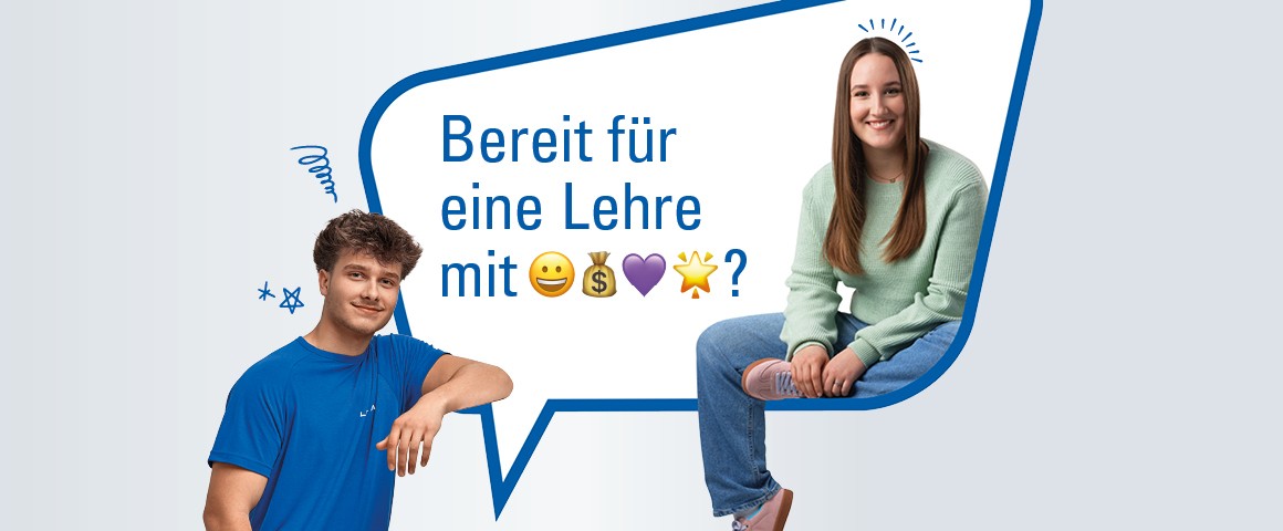 Lehrlinge lächeln, Geldtasche, Herz und Stern vor Sprechblase mit Text
