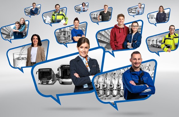 Mehrere Mitarbeiter*innen der Linz AG aus verschiedenen Berufskategorien in Sprechblasen angeordnet