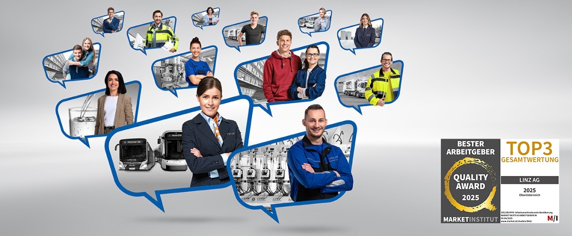 Mehrere Mitarbeiter*innen der Linz AG aus verschiedenen Berufskategorien in Sprechblasen angeordnet, auch das Siegel "Bester Arbeitgeber, Top 3" ist zu sehen