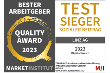 Siegel Quality Award 2023 des Market-Instituts für den ersten Platz der Linz AG in der Kategorie Sozialer Beitrag Oberösterreich