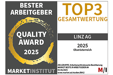 Siegel Quality Award 2025 des Market-Instituts für Top 3 in der Gesamtbewertung der Linz AG in der Kategorie Bester Arbeitgeber