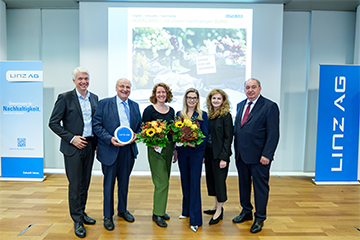 Gruppenfoto von Josef Siligan, Christoph Badelt, Katharina Rogenhofer, Christa Kummer, Jutta Rinner und Erich Haider auf der Bühne beim Nachhaltigkeitssymposium 2025 mit Blumen in der Hand