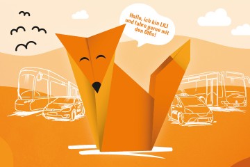 Illustration der Ferienaktion Lili Rallye der Linz AG Linien: Ein Fuchs sitzt neben einem Bus, einem AST-Taxi und einer Straßenbahn