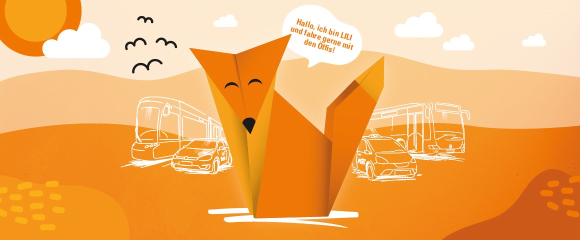 Illustration der Ferienaktion Lili Rallye der Linz AG Linien: Ein Fuchs sitzt neben einem Bus, einem AST-Taxi und einer Straßenbahn