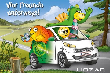 Illustration von Sebastian, zwei Fischen und Glühbirne in Elektroauto der LINZ AG.