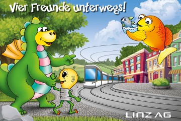 Illustration von Sebastian, zwei Fischen und Glühbirne auf dem Weg zur Straßenbahn.