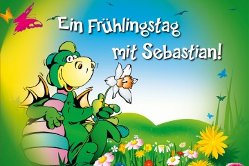 Drache Sebastian in einer bunten Blumenwiese; Text: Ein Frühlingstag mit Sebastian"