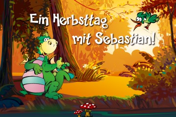 Drache Sebastian in einer Herbstlandschaft; Text: Ein Herbsttag mit Sebastian"