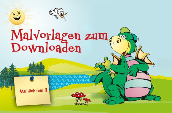 "Malvorlagen zum Ausdrucken" mit Drache Sebastian auf einer Wiese