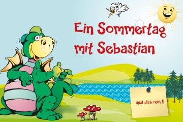 Drache Sebastian auf einer Sommerwiese; Text: Ein Sommertag mit Sebastian"