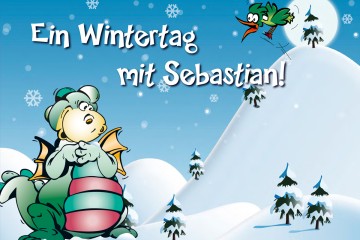 Drache Sebastian in einer Winterlanschaft mit Pöstlingberg; Text: Ein Wintertag mit Sebastian"