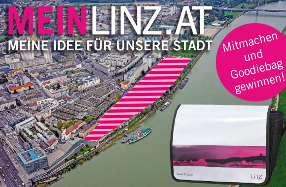 Bild von Linz aus der Vogelperspektive aufgenommen. "Mein Linz.at -Meine Idee für unsere Stadt" mit Badget "Mitmachen und Goodiebag gewinnen!" und Tasche einer LINZ AG