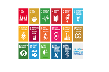 Übersicht mit den 17 sustainable development goals der Vereinten Nationen, aufbereitet in Form von nebeneinander aufgereihten Icons