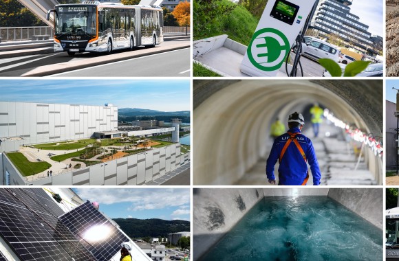 Collage aus verschienen Bereichen der LINZ AG wie Öffentlichen Verkehrsmittel, Abfall, E-Mobilität, Hafenpark und so weiter