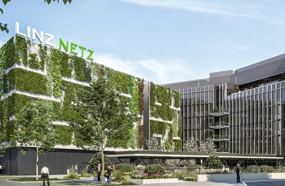 Der Innenhof des neuen Netzgebäudes mit umweltfreundlicher Gebäude- und Fassadentechnik