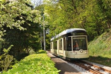 Bild von Pöstlingbergbahn, welche sich auf der Strecke zum Pöstlingberg nach oben begibt.