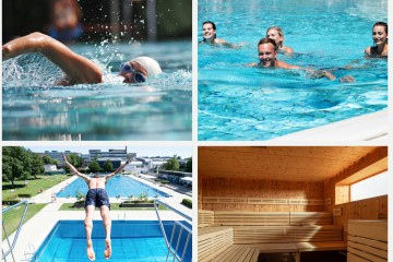 Collage aus vier Bildern mit Ausschnitten von Schwimmbädern und Sauna