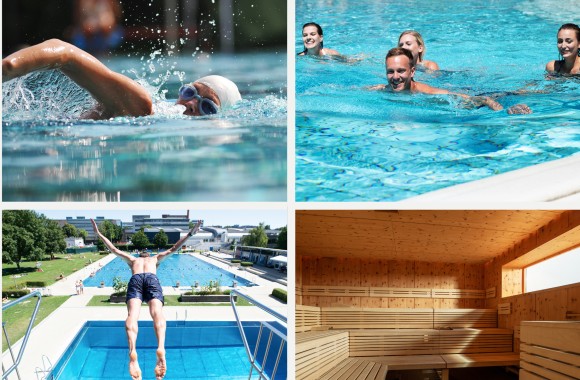 Collage aus vier Bildern mit Ausschnitten von Schwimmbädern und Sauna