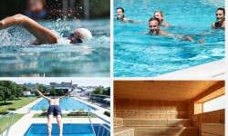 Collage aus vier Bildern mit Ausschnitten von Schwimmbädern und Sauna