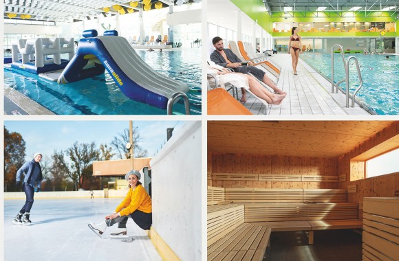 Collage aus Schwimmbad, Eislauf und Sauna