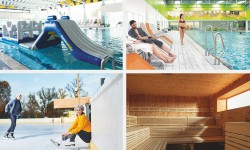 Collage aus Schwimmbad, Eislauf und Sauna