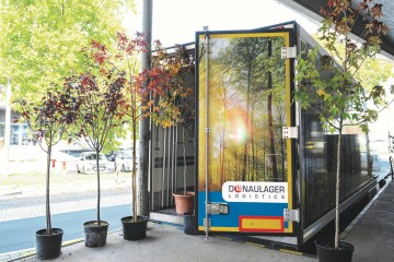 jungbäume stehen vor Donaulager Logistics Lastkraftwagen