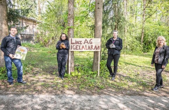 Herr Wagenhuber mit Frau Winkler, Posch und Frau Huber vor einem Schild mit der Aufschrift "Linz AG Igelalarm"